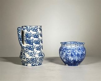 (2pc) Blue & White Pottery Vessels | Two abstract painted blue and white ceramic pieces: one tall pitcher and one pot. -  h. 9 x dia. 4.5 in (pitcher)