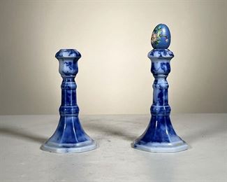 Pair Blue & White Candlesticks | Pair of Simpsons Ltd Museum Collection blue and white porcelain candlesticks; made in England; marked on bottom; plus a blue cloisonne egg. - h. 7.5 in