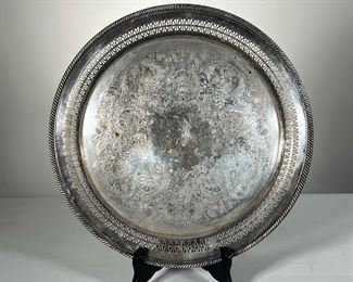 Silverplate Platter | Vintage William Rogers Silver Plate Serving Tray #172, round tray with reticulated braided edge. - dia. 15 in
