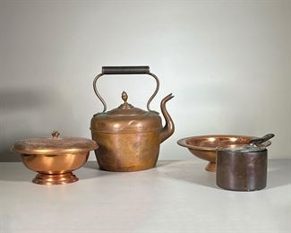  (4pc) Copper Items | Includes large teapot, bowl with pedestal, lidded sauce pot, and lidded serving dish. - h. 12 x dia. 9 in (teapot)