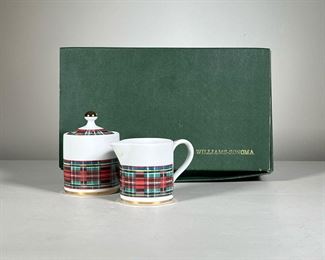 (2pc) Williams Sonoma Creamer Set | Williams Sonoma Stuart Dress Tartan creamer and lidded sugar bowl set; in original box with wrapping; made in Japan . - w. 4.5 x h. 3 in (creamer)