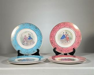 (6pc) Salem China Plates | Salem China dinner plates all with 23k gold accents; three blue plates from the Imperial Collection and three red plates from the Century Collection. - dia. 10.75 in