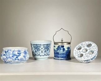 (4pc) Blue & White Items | Four miscellaneous blue and white items including: chinoiserie ice bucket with metal hardware; an multi egg holder; small planter; and bowl. - h. 9.5 x dia. 5 in (ice bucket)
