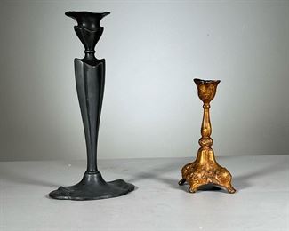  (2pc) Metal Candlesticks | Includes one Jennings Bros. Cast metal #1361 and a Queen City Silver Co. candlestick with crack at base. - h. 10 in (Queen City)