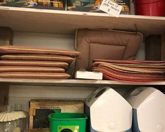 MORE GARAGE STUFF, COOLERS, CUSHIONS, PATIO LIGHTS