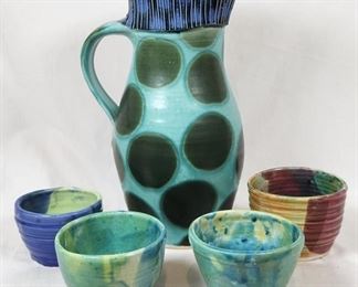 5 Blue and Green Glazed Studio Pottery Pieces