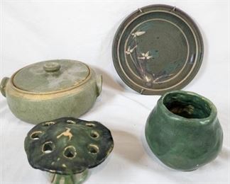 Lot of 4 Pieces of Green Glazed Studio Pottery