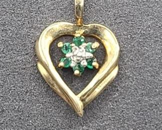 10k Gold Heart Pendant with Diamonds & Emeralds