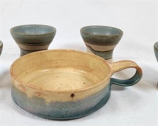 Five Blue and Tan Studio Pottery Pieces