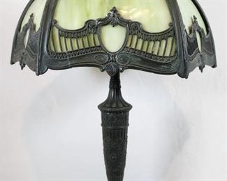 Antique Green Slag Glass 6 Panel Shade Lamp
