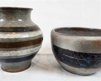 Silver and Black Studio Pottery Vase & Bowl