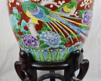 Red Phoenix Chinese Fish Bowl Jardiniere w/ Stand