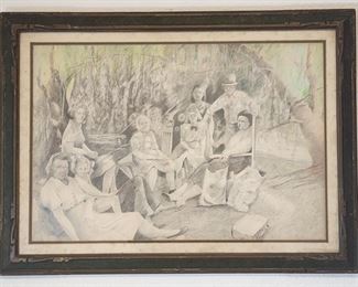 Vintage Framed Family Portrait Sketch