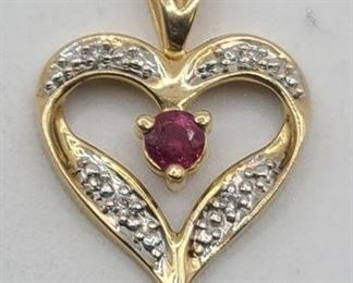 14k Yellow Gold Heart Pendant w/ Ruby and Diamonds