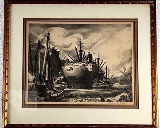 Charles Locke Signed Tramp Steamer Lithograph