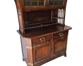 Old Art Nouveau Heavy Oak Cabinet w/ Leaded Glass