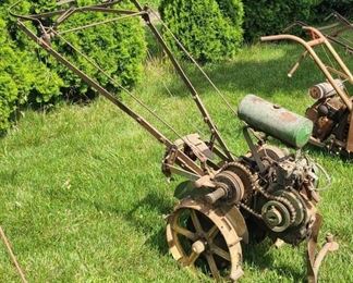 ANTIQUE STEEL WHEEL WALK BEHIND GARDEN TILLER