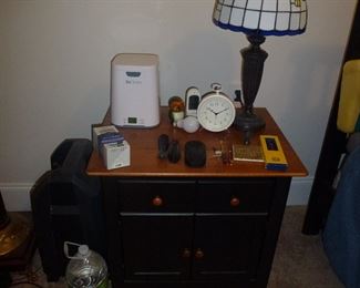 NIGHT STAND AND YELLOW JACKET LEADED GLASS LAMP