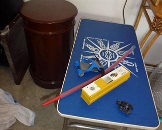 FOLDING TABLE AND MAHOGANY TABLE AS IS