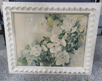 Antique Magnolia Lithograph with large decorative white frame. Illegible signature. 