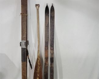Lot of Antique / Vintage Wood Wooden Snow Skis Pointed Tips .Wall Hangers, Cabin Décor and wood canoe paddle. 