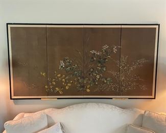 Hand Painted Japanese 4 Panel Paper Screen 
