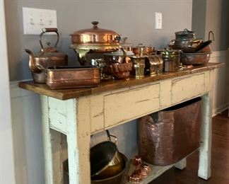 Guy Chaddock Sofa Table and a collection of Copper Ware