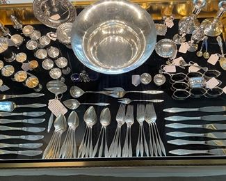 55 Piece Set of Reed & Barton "Lark" Sterling Flatware, 10 Sterling Napkin Rings, collection of Swedish Sterling Beakers, Large Swedish Sterling Presentation Bowl
