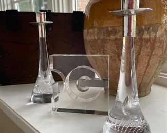 Pair of controlled bubble Candlesticks and a Two's Company Acrylic Tape Dispenser