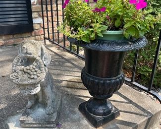 Cement Dog and a Pair of Iron Urn Planters