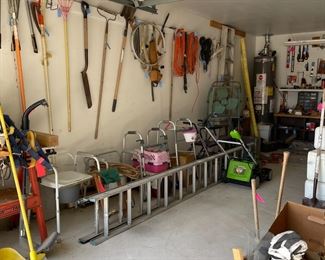 Tools, ladders, saw table, walkers, toilet chairs