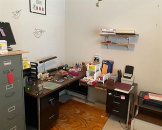 Corner desk, file cabinet, printer, office supplies