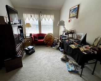 Entertainment center, electronics, games, curtains