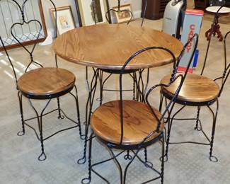 WROUGHT IRON AND WOOD ICE CREAM TABLE AND CHAIRS
