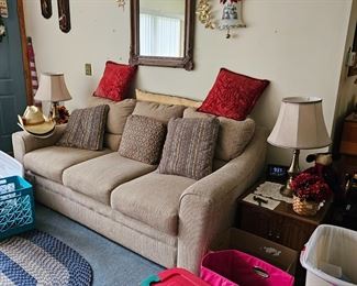 SOFA LARGE WALL MIRROR PAIR OF SIDE CABINETS LAMPS