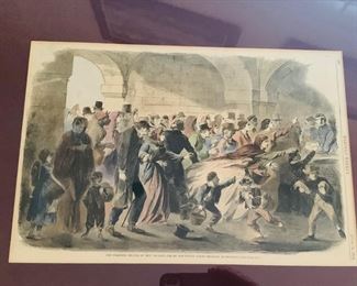 1862  original colored and framed print entitled "The Starving People of New Orleans Fed by  the United States Military Authorities"