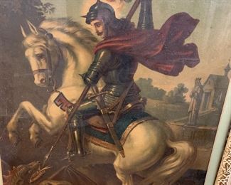 Large framed hand colored print of knight on horseback