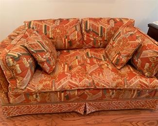 Vintage Sherrill chinoiserie sofas—mint! Sofas are upholstered in vintage Greef fabric. Pattern is Coromandel Screen from the Manadarin Tree Collection