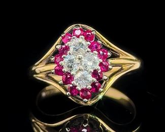 Ruby and Diamond Cluster Estate Ring in Gold