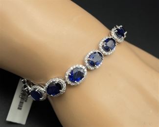 Designer Oscar Friedman 17.08 Carat Oval Blue Sapphire & Diamond Halo Cluster Link Bracelet in 14k White Gold, Stunning Craftsmanship w/ Original Tag Attached! $38,000 Retail