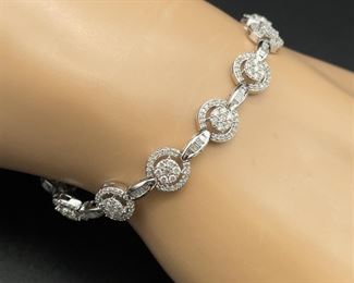 2.25 Carat Diamond Round Halo Cluster Marquise-Shaped Bar Link Tennis Bracelet in White Gold