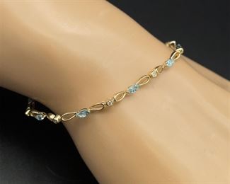 London Blue Topaz & Diamond Sparkling Raindrop Bezel Lace Link Bracelet in Yellow Gold