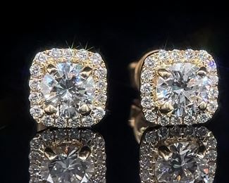 1.00 Carat Diamond Solitaire Cushion Halo Cluster Rose Bloom Stud Earrings in 14k Yellow Gold; $2,880 Retail