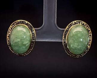 Green & White Jade Oval Cabochon Bezel Stud Earrings Greek Key "Meandros" in 14k Yellow Gold w/ Omega Backs - Luck & Fortune