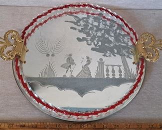 Etched cranberry glass tray