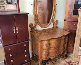 Jewelry armoire, oak dresser with mirror