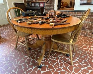 #28 Oak pedestal table with 2 chairs 45x29 $60.00