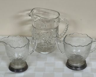 Creamer and sugar with sterling silver base; glass pitcher 
