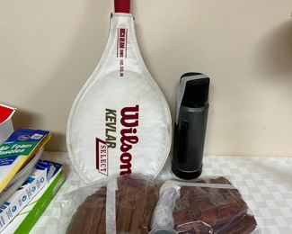 Tennis racket; ball gloves; baseball, softball, and racquet balls 