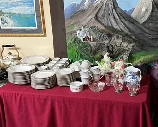 Farberware Wellesley dishes - 12 of each piece plus chop plate, round vegetable bowl, and creamer and sugar